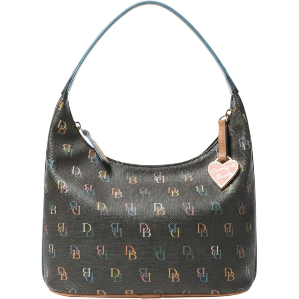 Dooney & Bourke Rainbow Monogram Hobo Bag Black Coated Canvas with Heart Charm